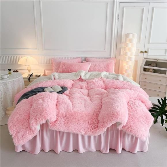 Pink Faux Fur Comforter Set Queen 3 Pieces - 1 Shaggy Comforter Set 90x90 - Picture 1 of 7